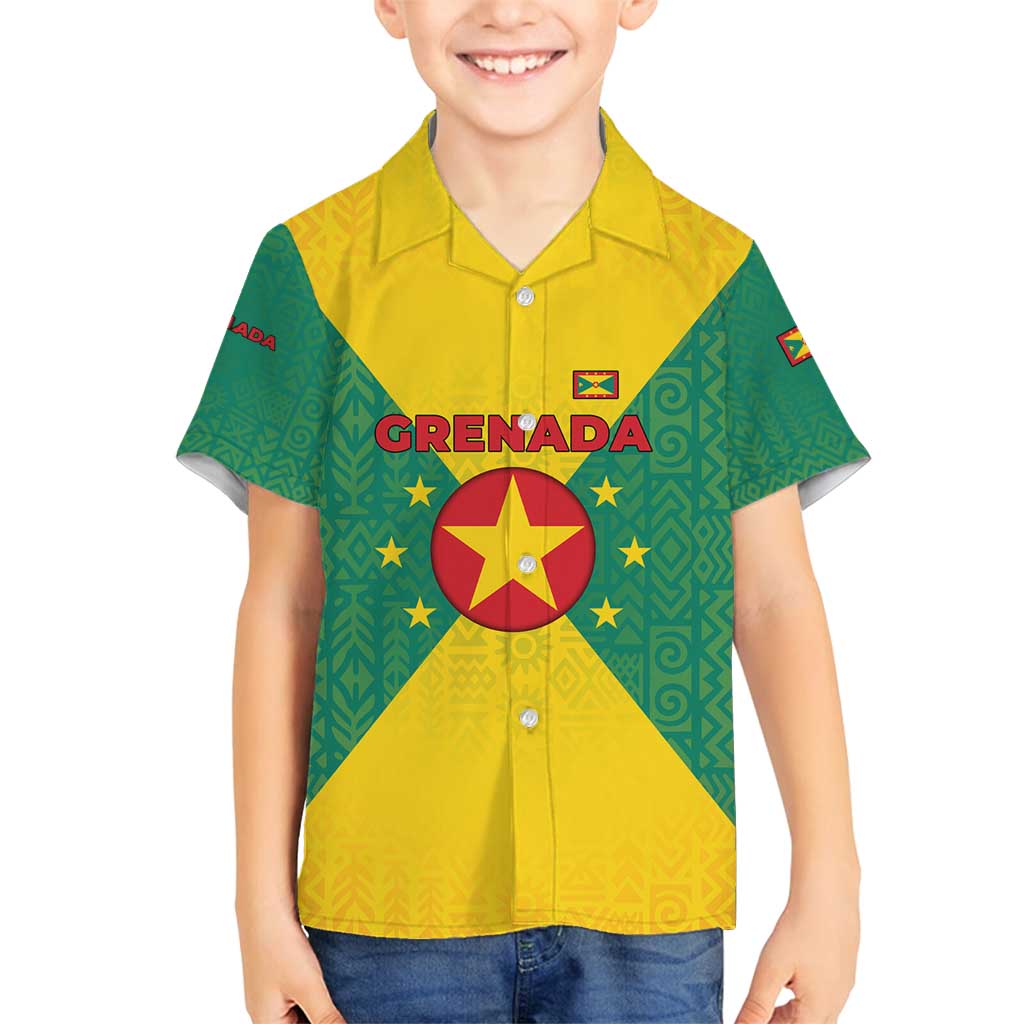 Grenada Coat of Arms Family Matching Long Sleeve Bodycon Dress and Hawaiian Shirt with Yellow Green Flag Colors and Tribal Pattern Design - Wonder Print Shop