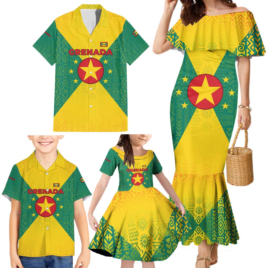 Grenada Coat of Arms Family Matching Mermaid Dress and Hawaiian Shirt with Yellow Green Flag Colors and Tribal Pattern Design - Wonder Print Shop