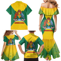 Grenada Coat of Arms Family Matching Mermaid Dress and Hawaiian Shirt with Yellow Green Flag Colors and Tribal Pattern Design - Wonder Print Shop
