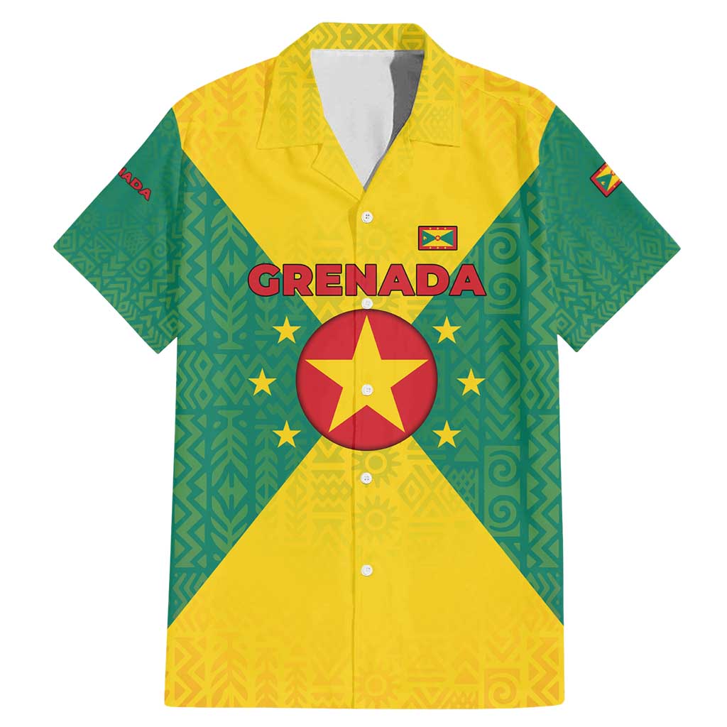 Grenada Coat of Arms Family Matching Mermaid Dress and Hawaiian Shirt with Yellow Green Flag Colors and Tribal Pattern Design - Wonder Print Shop