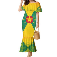 Grenada Coat of Arms Family Matching Mermaid Dress and Hawaiian Shirt with Yellow Green Flag Colors and Tribal Pattern Design - Wonder Print Shop
