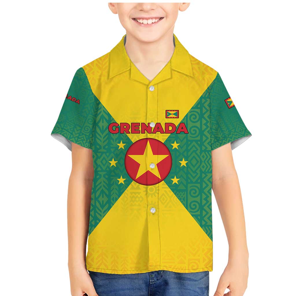 Grenada Coat of Arms Family Matching Mermaid Dress and Hawaiian Shirt with Yellow Green Flag Colors and Tribal Pattern Design - Wonder Print Shop