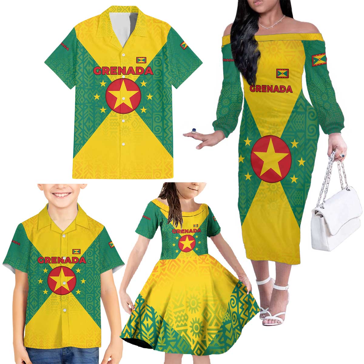 Grenada Coat of Arms Family Matching Off The Shoulder Long Sleeve Dress and Hawaiian Shirt with Yellow Green Flag Colors and Tribal Pattern Design - Wonder Print Shop