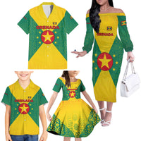 Grenada Coat of Arms Family Matching Off The Shoulder Long Sleeve Dress and Hawaiian Shirt with Yellow Green Flag Colors and Tribal Pattern Design - Wonder Print Shop