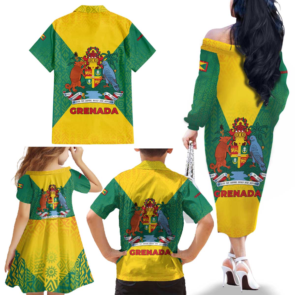 Grenada Coat of Arms Family Matching Off The Shoulder Long Sleeve Dress and Hawaiian Shirt with Yellow Green Flag Colors and Tribal Pattern Design - Wonder Print Shop