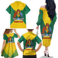Grenada Coat of Arms Family Matching Off The Shoulder Long Sleeve Dress and Hawaiian Shirt with Yellow Green Flag Colors and Tribal Pattern Design - Wonder Print Shop