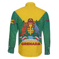 Grenada Coat of Arms Family Matching Off The Shoulder Long Sleeve Dress and Hawaiian Shirt with Yellow Green Flag Colors and Tribal Pattern Design - Wonder Print Shop