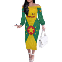 Grenada Coat of Arms Family Matching Off The Shoulder Long Sleeve Dress and Hawaiian Shirt with Yellow Green Flag Colors and Tribal Pattern Design - Wonder Print Shop
