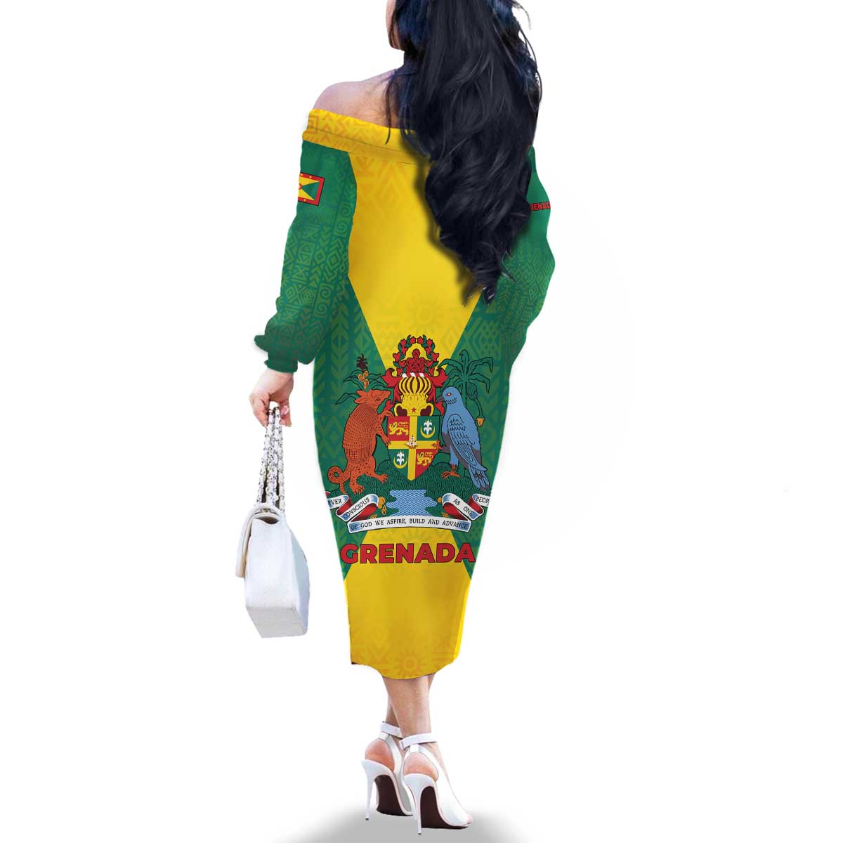 Grenada Coat of Arms Family Matching Off The Shoulder Long Sleeve Dress and Hawaiian Shirt with Yellow Green Flag Colors and Tribal Pattern Design - Wonder Print Shop