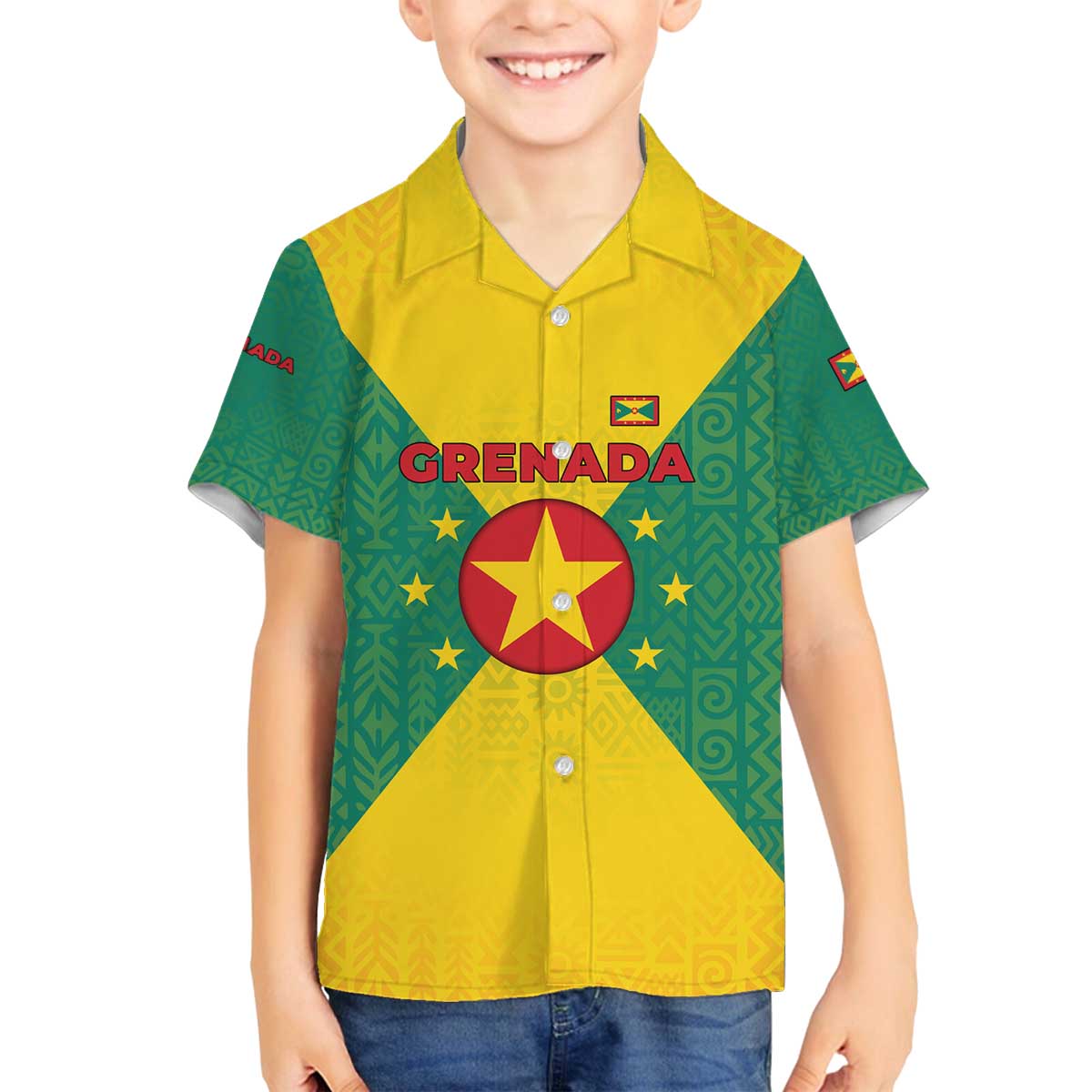 Grenada Coat of Arms Family Matching Off The Shoulder Long Sleeve Dress and Hawaiian Shirt with Yellow Green Flag Colors and Tribal Pattern Design - Wonder Print Shop