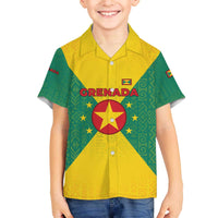 Grenada Coat of Arms Family Matching Off The Shoulder Long Sleeve Dress and Hawaiian Shirt with Yellow Green Flag Colors and Tribal Pattern Design - Wonder Print Shop