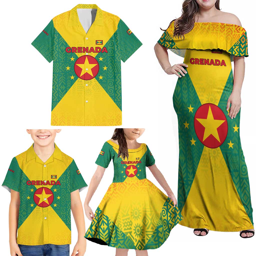 Grenada Coat of Arms Family Matching Off Shoulder Maxi Dress and Hawaiian Shirt with Yellow Green Flag Colors and Tribal Pattern Design - Wonder Print Shop