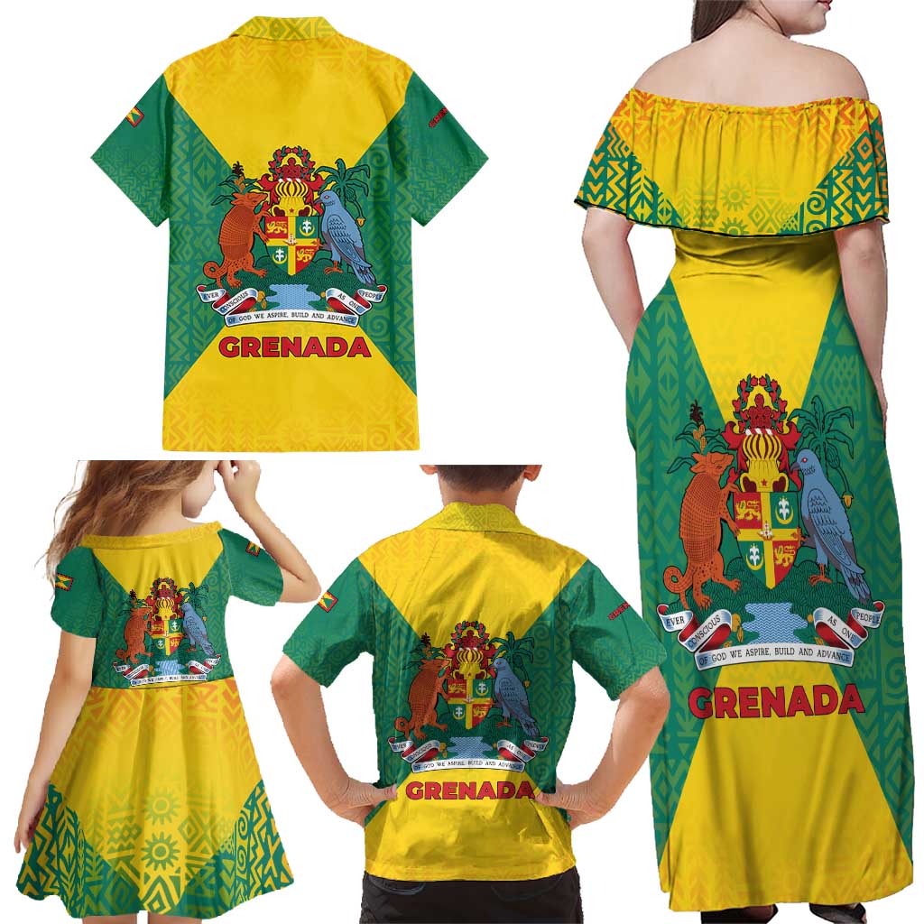 Grenada Coat of Arms Family Matching Off Shoulder Maxi Dress and Hawaiian Shirt with Yellow Green Flag Colors and Tribal Pattern Design - Wonder Print Shop