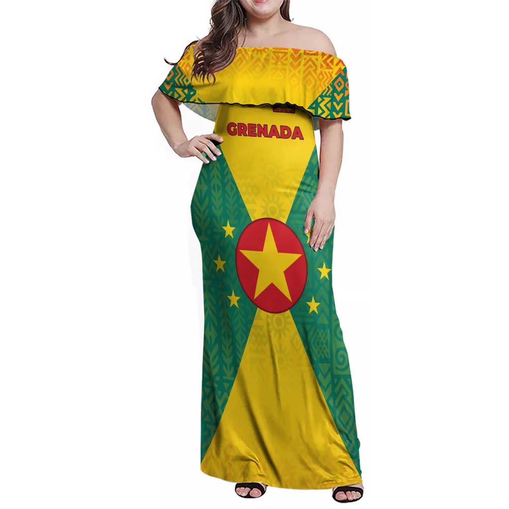 Grenada Coat of Arms Family Matching Off Shoulder Maxi Dress and Hawaiian Shirt with Yellow Green Flag Colors and Tribal Pattern Design - Wonder Print Shop