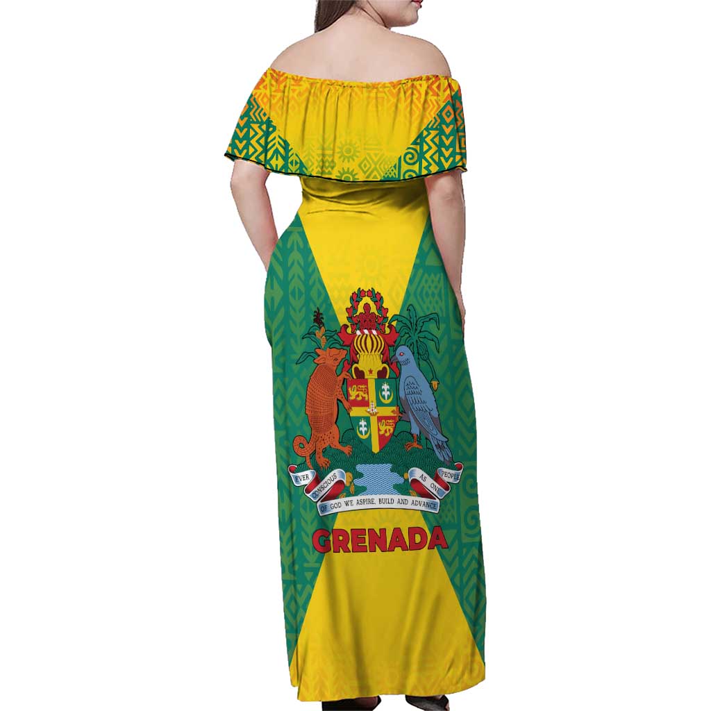 Grenada Coat of Arms Family Matching Off Shoulder Maxi Dress and Hawaiian Shirt with Yellow Green Flag Colors and Tribal Pattern Design - Wonder Print Shop