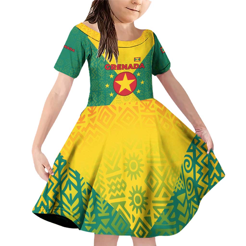 Grenada Coat of Arms Family Matching Off Shoulder Short Dress and Hawaiian Shirt with Yellow Green Flag Colors and Tribal Pattern Design - Wonder Print Shop