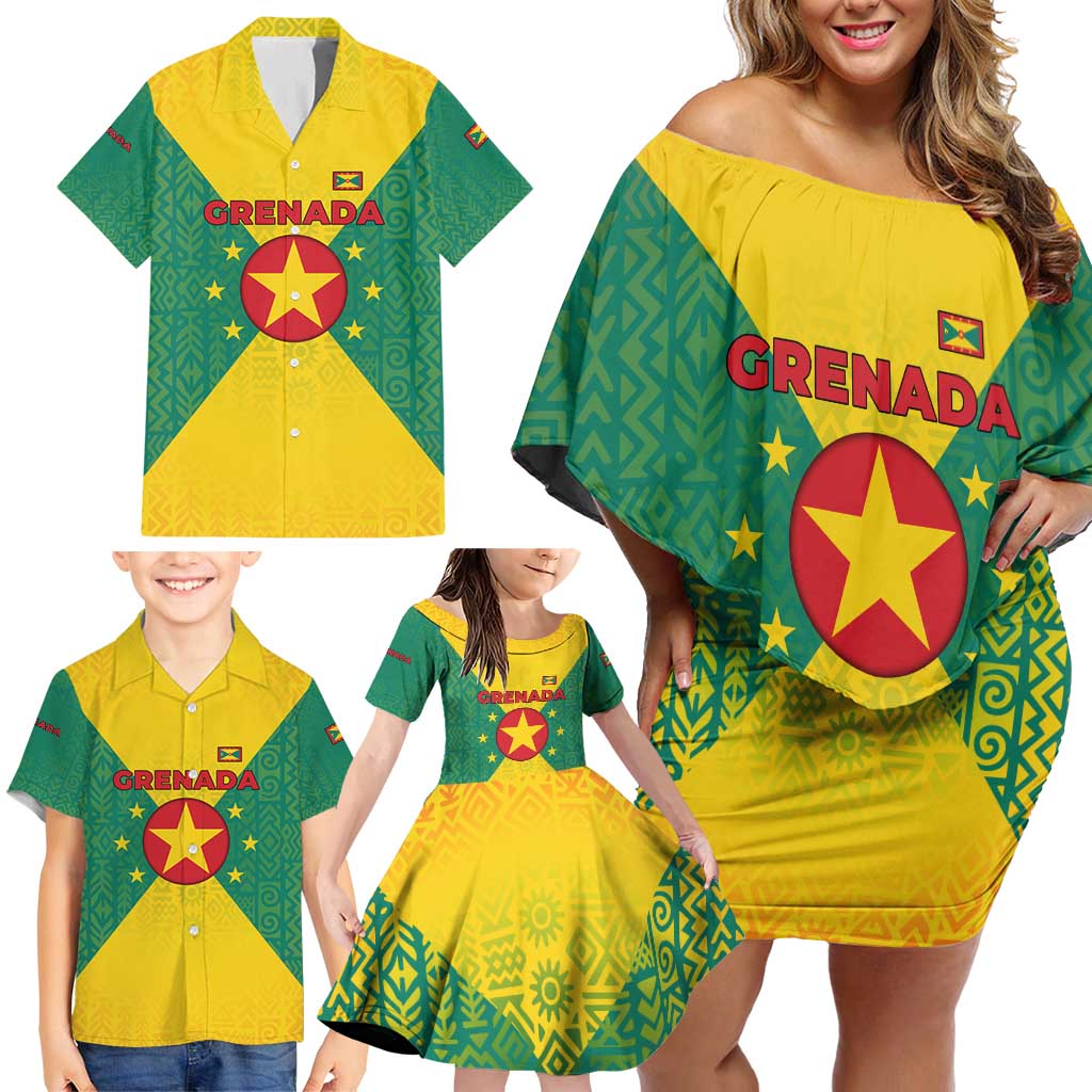 Grenada Coat of Arms Family Matching Off Shoulder Short Dress and Hawaiian Shirt with Yellow Green Flag Colors and Tribal Pattern Design - Wonder Print Shop