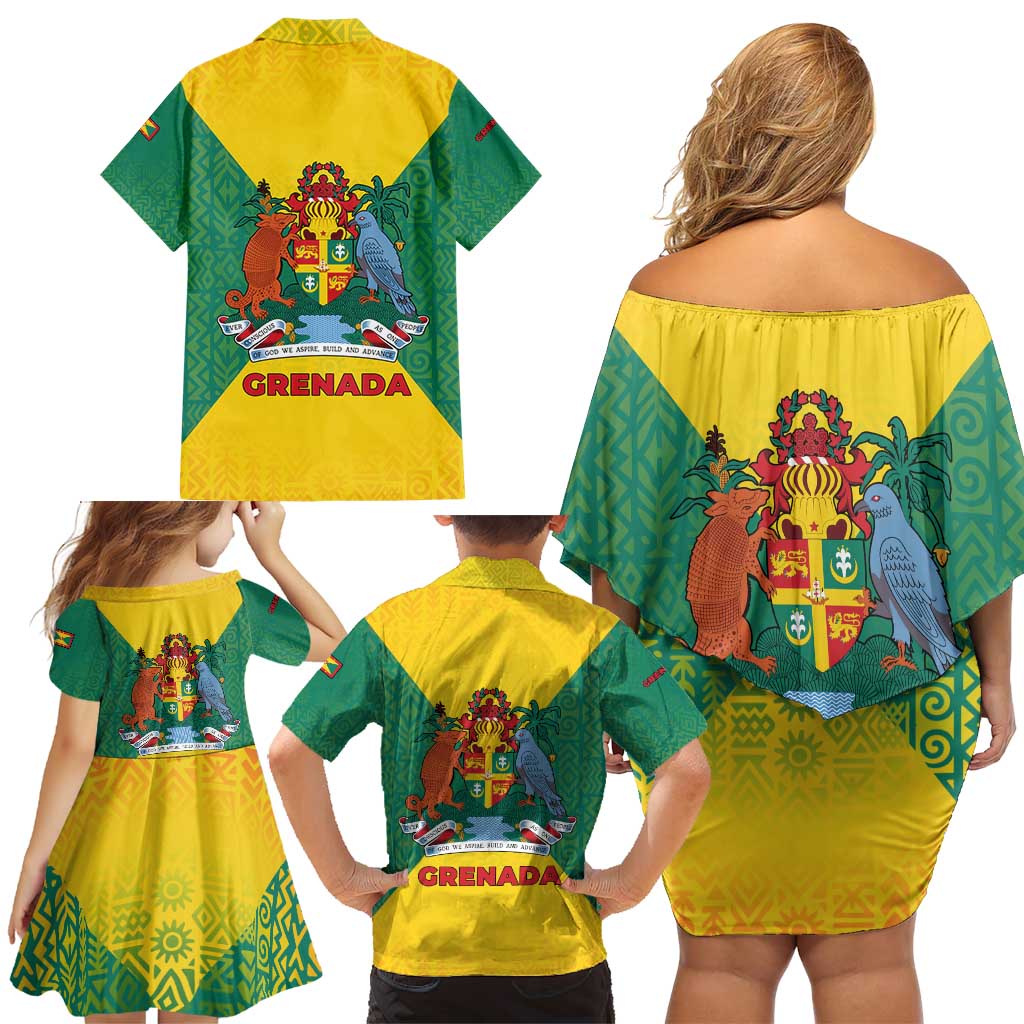 Grenada Coat of Arms Family Matching Off Shoulder Short Dress and Hawaiian Shirt with Yellow Green Flag Colors and Tribal Pattern Design - Wonder Print Shop