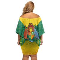 Grenada Coat of Arms Family Matching Off Shoulder Short Dress and Hawaiian Shirt with Yellow Green Flag Colors and Tribal Pattern Design - Wonder Print Shop
