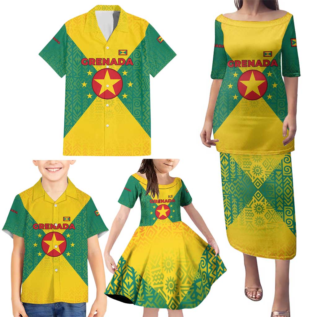 Grenada Coat of Arms Family Matching Puletasi and Hawaiian Shirt with Yellow Green Flag Colors and Tribal Pattern Design - Wonder Print Shop