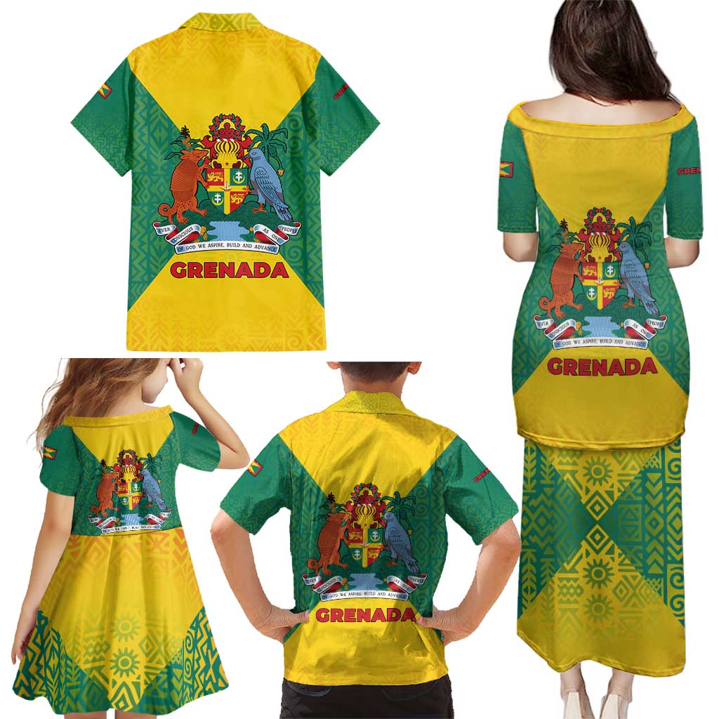 Grenada Coat of Arms Family Matching Puletasi and Hawaiian Shirt with Yellow Green Flag Colors and Tribal Pattern Design - Wonder Print Shop
