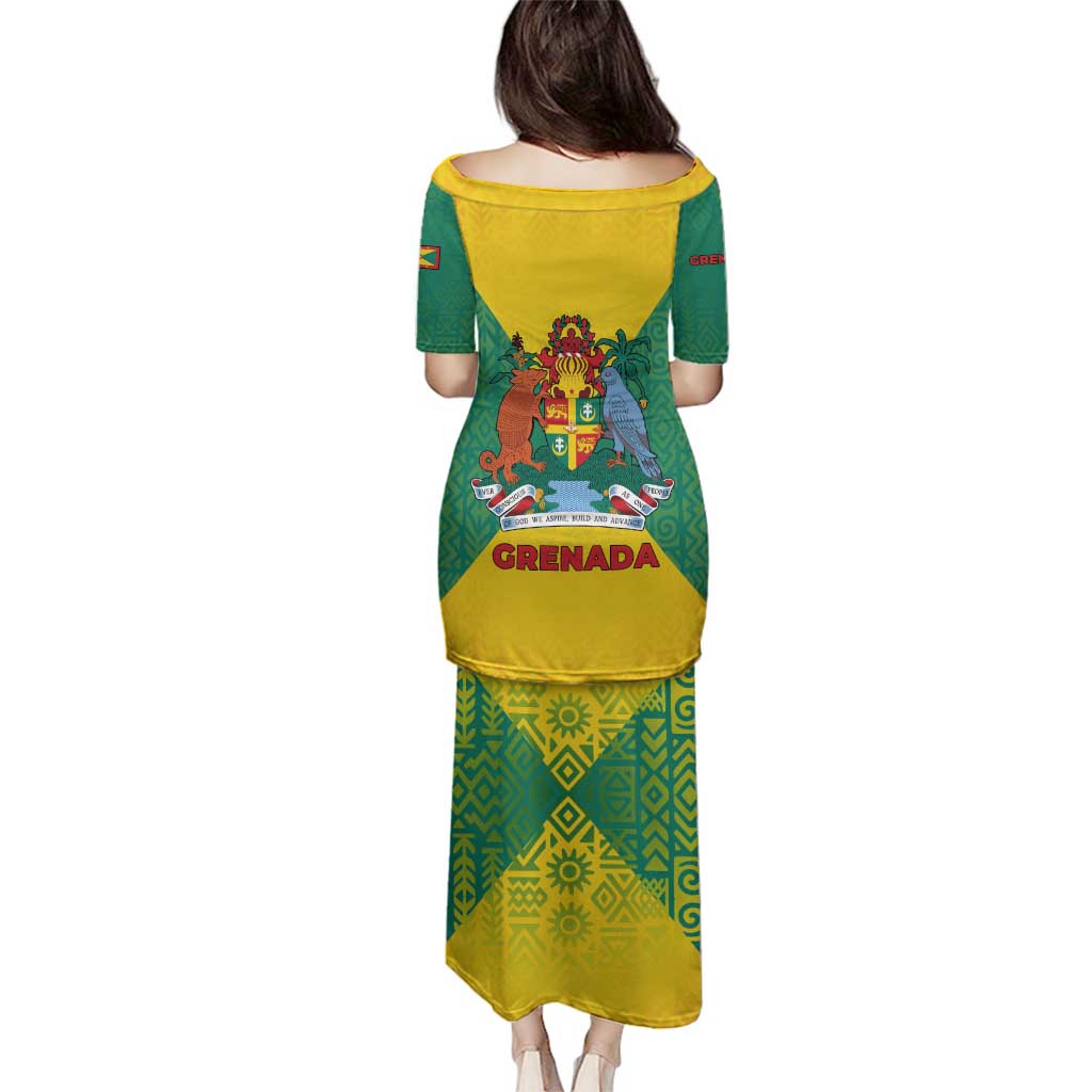 Grenada Coat of Arms Family Matching Puletasi and Hawaiian Shirt with Yellow Green Flag Colors and Tribal Pattern Design - Wonder Print Shop
