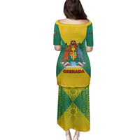 Grenada Coat of Arms Family Matching Puletasi and Hawaiian Shirt with Yellow Green Flag Colors and Tribal Pattern Design - Wonder Print Shop