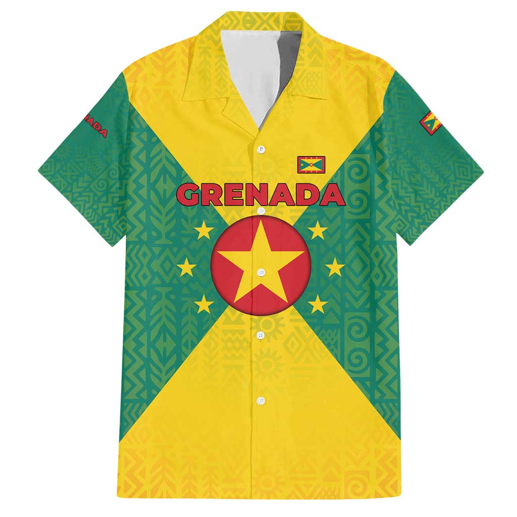 Grenada Coat of Arms Family Matching Short Sleeve Bodycon Dress and Hawaiian Shirt with Yellow Green Flag Colors and Tribal Pattern Design - Wonder Print Shop