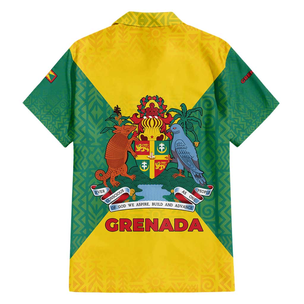 Grenada Coat of Arms Family Matching Short Sleeve Bodycon Dress and Hawaiian Shirt with Yellow Green Flag Colors and Tribal Pattern Design - Wonder Print Shop