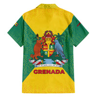 Grenada Coat of Arms Family Matching Short Sleeve Bodycon Dress and Hawaiian Shirt with Yellow Green Flag Colors and Tribal Pattern Design - Wonder Print Shop