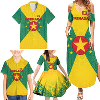 Grenada Coat of Arms Family Matching Summer Maxi Dress and Hawaiian Shirt with Yellow Green Flag Colors and Tribal Pattern Design - Wonder Print Shop