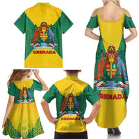 Grenada Coat of Arms Family Matching Summer Maxi Dress and Hawaiian Shirt with Yellow Green Flag Colors and Tribal Pattern Design - Wonder Print Shop