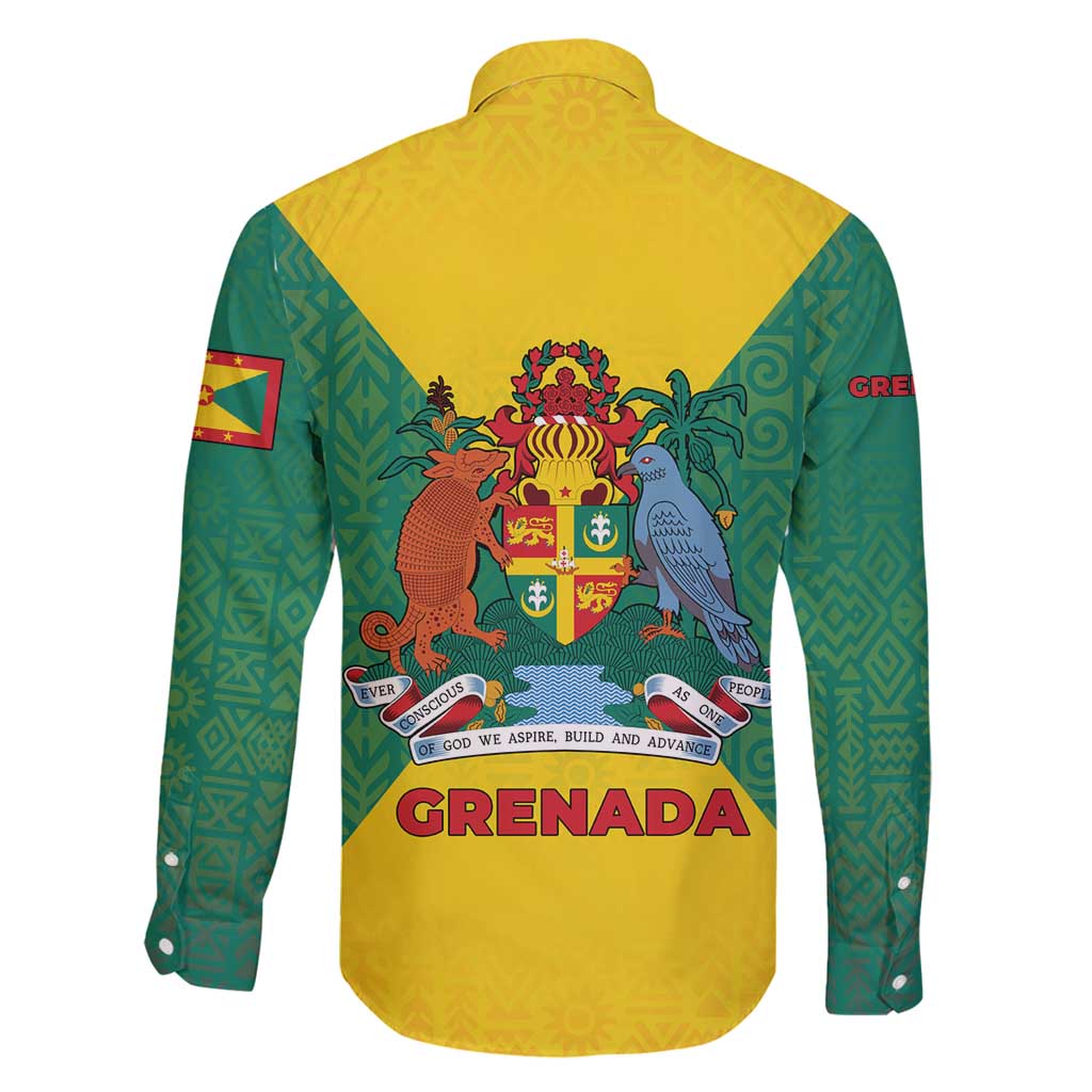 Grenada Coat of Arms Family Matching Summer Maxi Dress and Hawaiian Shirt with Yellow Green Flag Colors and Tribal Pattern Design - Wonder Print Shop