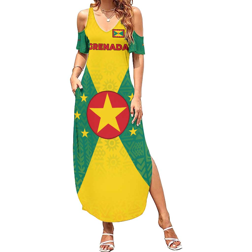 Grenada Coat of Arms Family Matching Summer Maxi Dress and Hawaiian Shirt with Yellow Green Flag Colors and Tribal Pattern Design - Wonder Print Shop