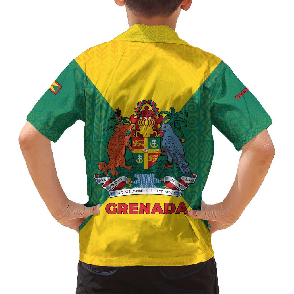 Grenada Coat of Arms Family Matching Tank Maxi Dress and Hawaiian Shirt with Yellow Green Flag Colors and Tribal Pattern Design - Wonder Print Shop