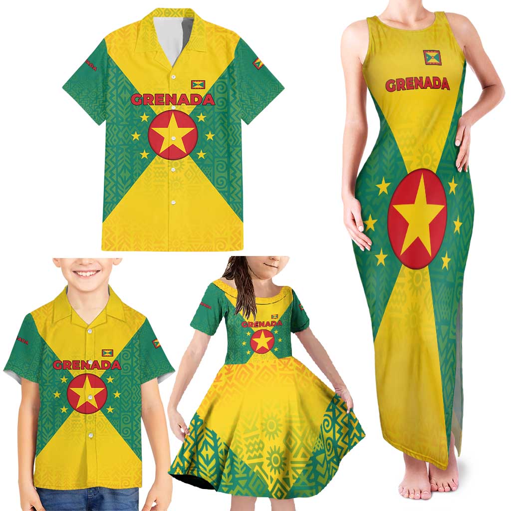 Grenada Coat of Arms Family Matching Tank Maxi Dress and Hawaiian Shirt with Yellow Green Flag Colors and Tribal Pattern Design - Wonder Print Shop
