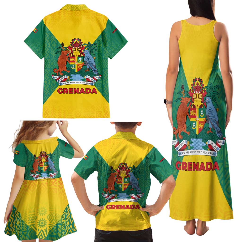 Grenada Coat of Arms Family Matching Tank Maxi Dress and Hawaiian Shirt with Yellow Green Flag Colors and Tribal Pattern Design - Wonder Print Shop