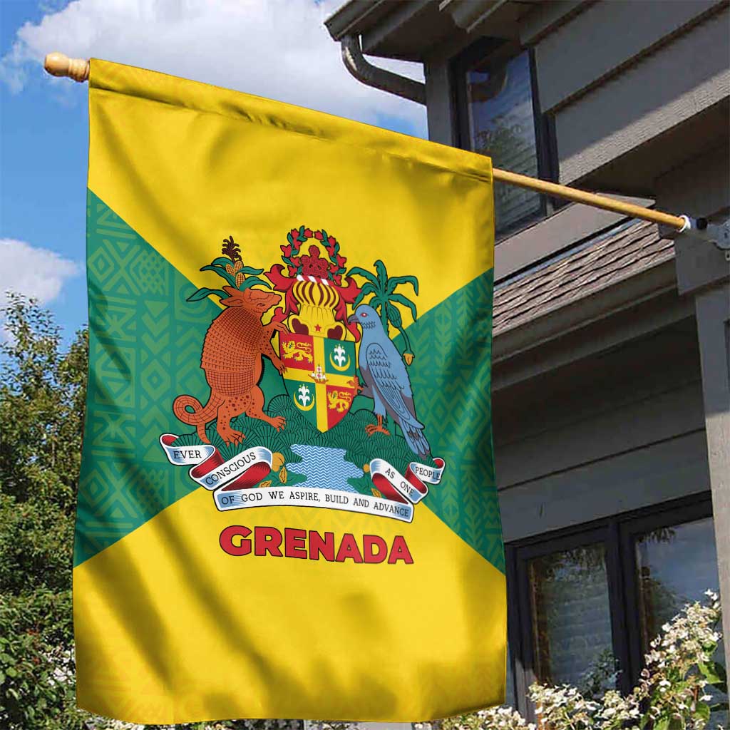 Grenada Coat of Arms Garden Flag with Yellow Green Flag Colors and Tribal Pattern Design - Wonder Print Shop