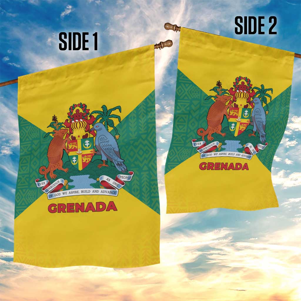 Grenada Coat of Arms Garden Flag with Yellow Green Flag Colors and Tribal Pattern Design - Wonder Print Shop
