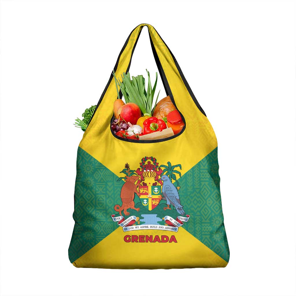 Grenada Coat of Arms Grocery Bag with Yellow Green Flag Colors and Tribal Pattern Design - Wonder Print Shop