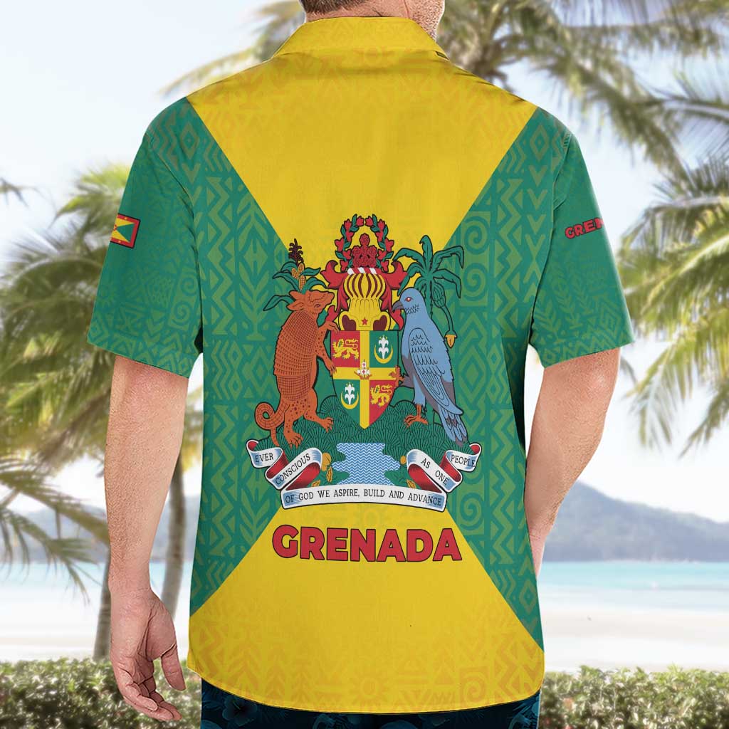 Grenada Coat of Arms Hawaiian Shirt with Yellow Green Flag Colors and Tribal Pattern Design - Wonder Print Shop