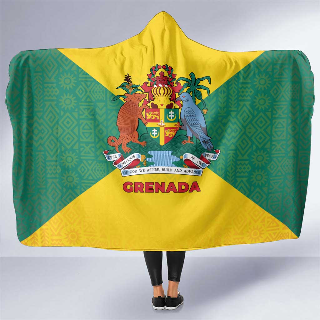 Grenada Coat of Arms Hooded Blanket with Yellow Green Flag Colors and Tribal Pattern Design - Wonder Print Shop