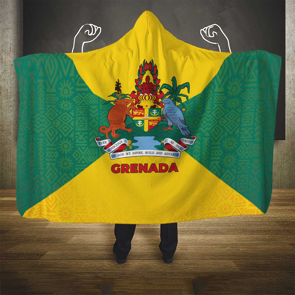 Grenada Coat of Arms Hooded Blanket with Yellow Green Flag Colors and Tribal Pattern Design - Wonder Print Shop