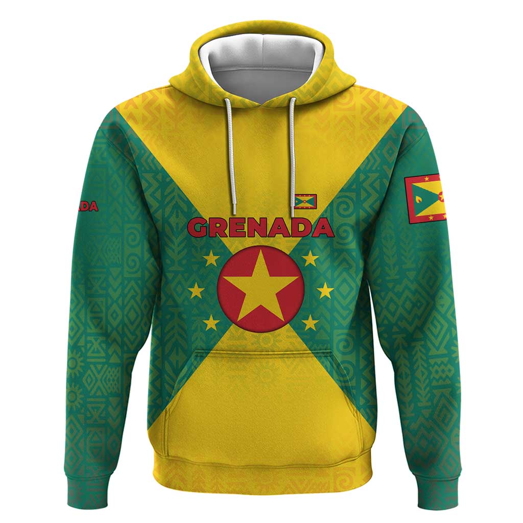 Grenada Coat of Arms Hoodie with Yellow Green Flag Colors and Tribal Pattern Design - Wonder Print Shop