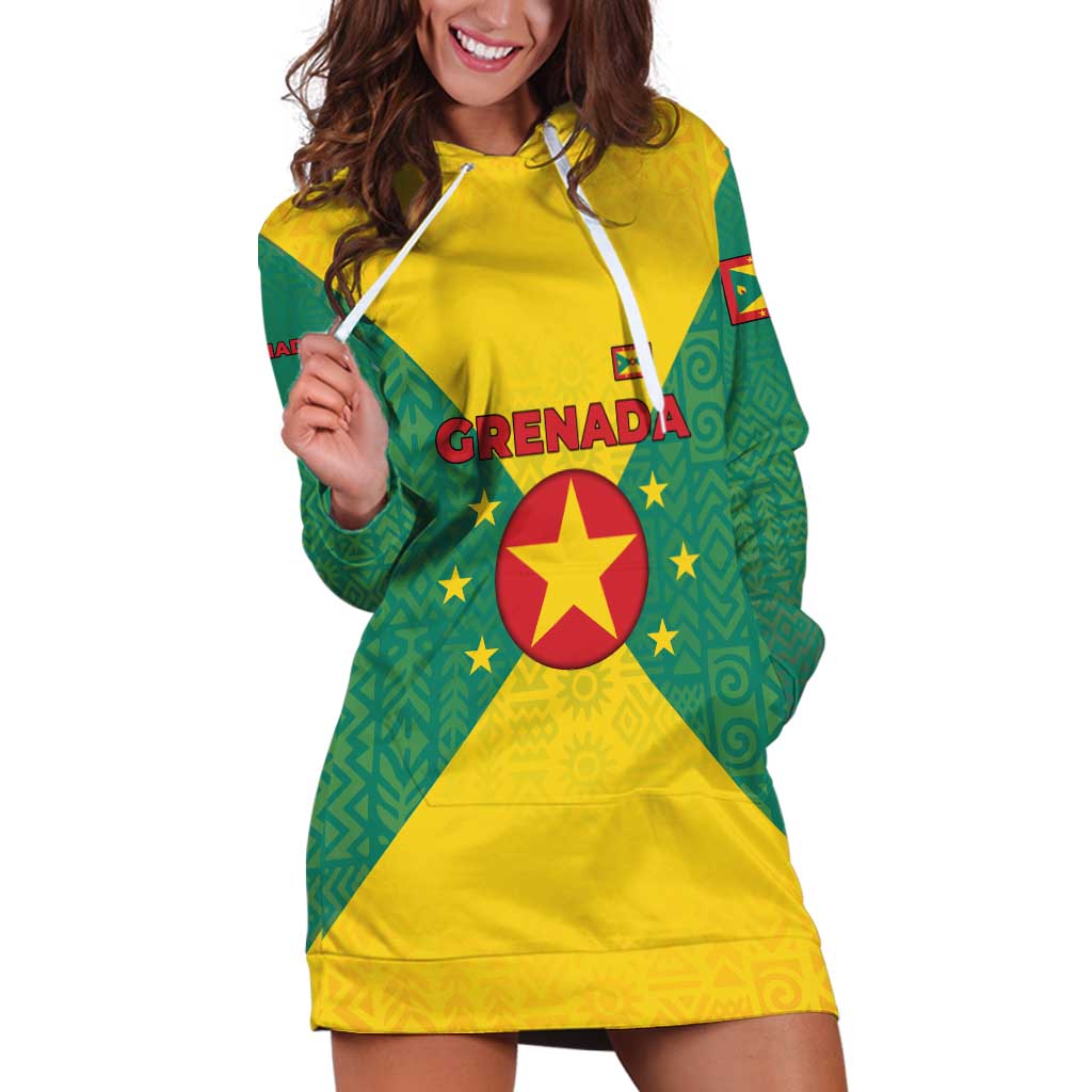 Grenada Coat of Arms Hoodie Dress with Yellow Green Flag Colors and Tribal Pattern Design - Wonder Print Shop