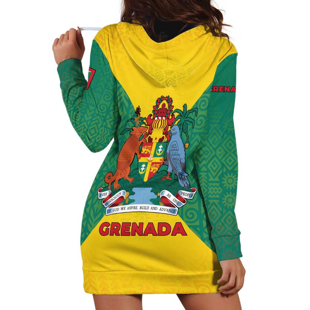 Grenada Coat of Arms Hoodie Dress with Yellow Green Flag Colors and Tribal Pattern Design - Wonder Print Shop