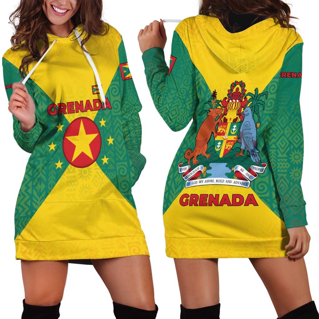 Grenada Coat of Arms Hoodie Dress with Yellow Green Flag Colors and Tribal Pattern Design - Wonder Print Shop