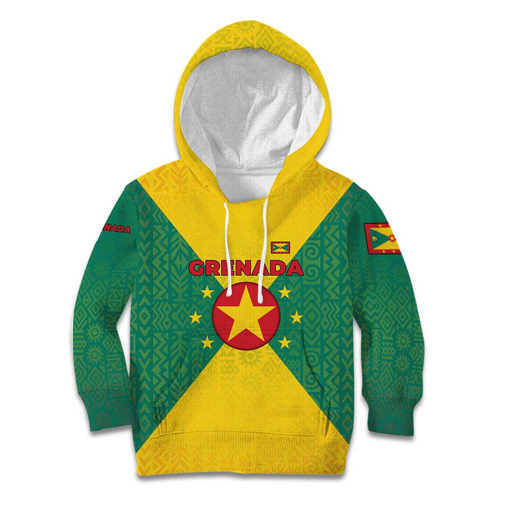 Grenada Coat of Arms Kid Hoodie with Yellow Green Flag Colors and Tribal Pattern Design - Wonder Print Shop