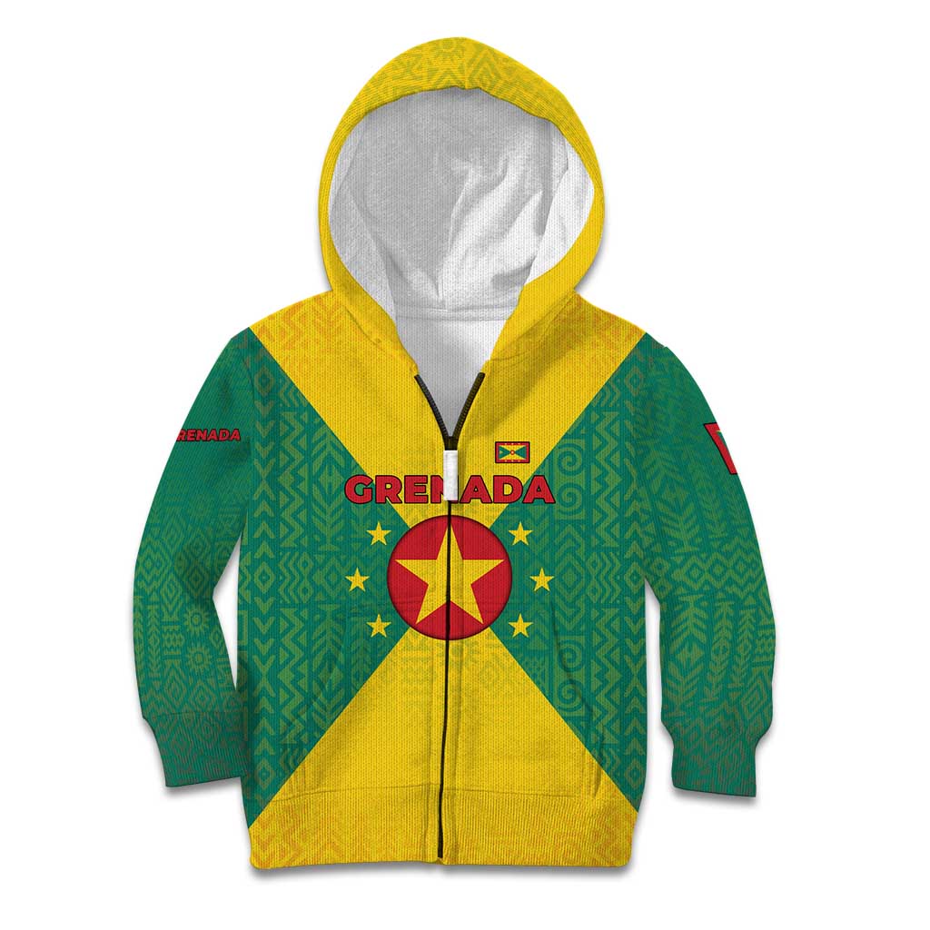 Grenada Coat of Arms Kid Hoodie with Yellow Green Flag Colors and Tribal Pattern Design - Wonder Print Shop
