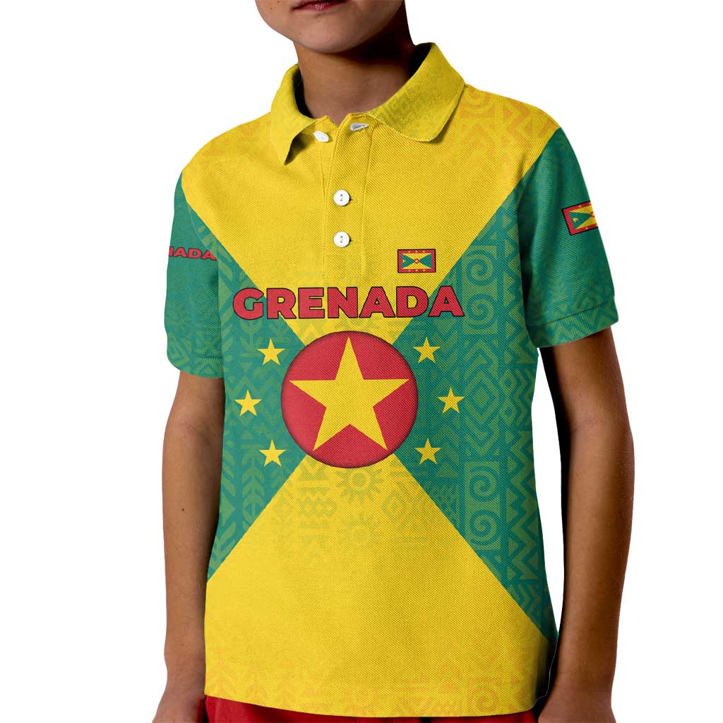 Grenada Coat of Arms Kid Polo Shirt with Yellow Green Flag Colors and Tribal Pattern Design - Wonder Print Shop